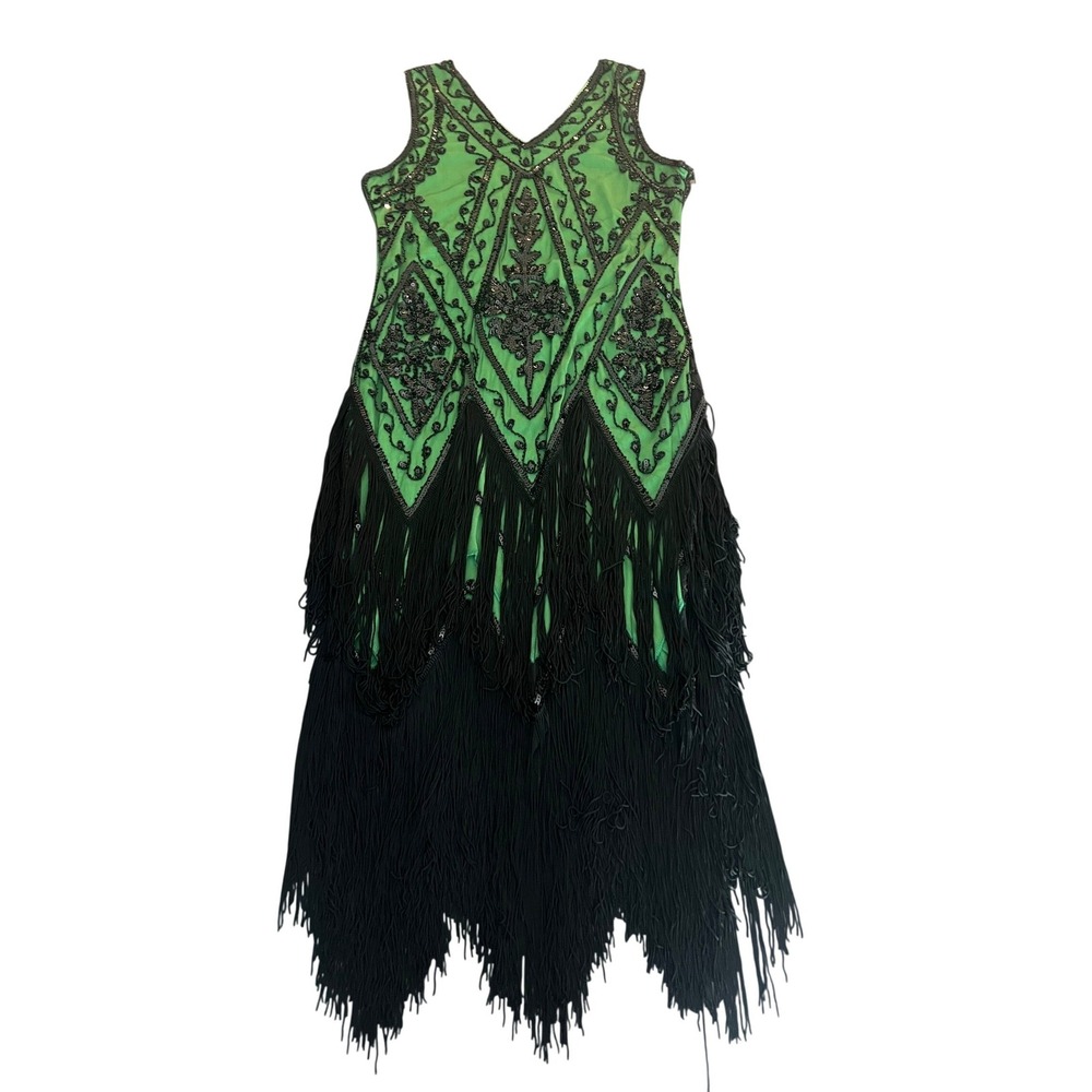 PrettyGuide Green Black Sequin Fringe Flapper Dress 1920s Gatsby Style L (1098) - Picture 8 of 16